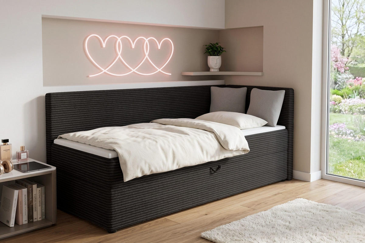 BOXBETT ROBERTO 90/200 in Cord Schwarz H4 rechts - Schwarz, Holz/Holzwerkstoff (90/200cm) - Deine Möbel 24