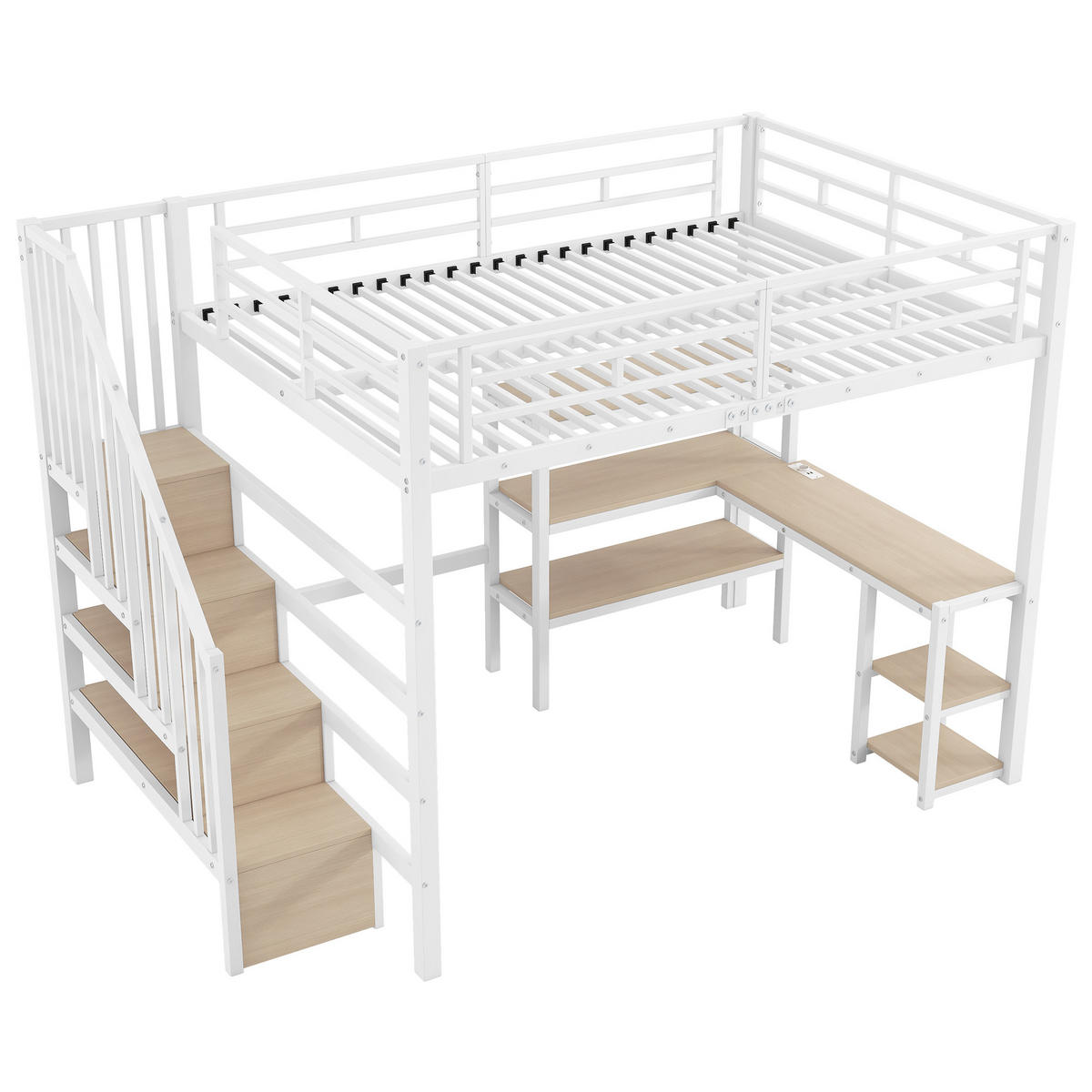 HOCHBETT 140/200 cm in Weiß mit Treppe, Schreibtisch, Regal, LED und USB - Weiß, Holzwerkstoff/Metall (140/200cm) - STILVORA