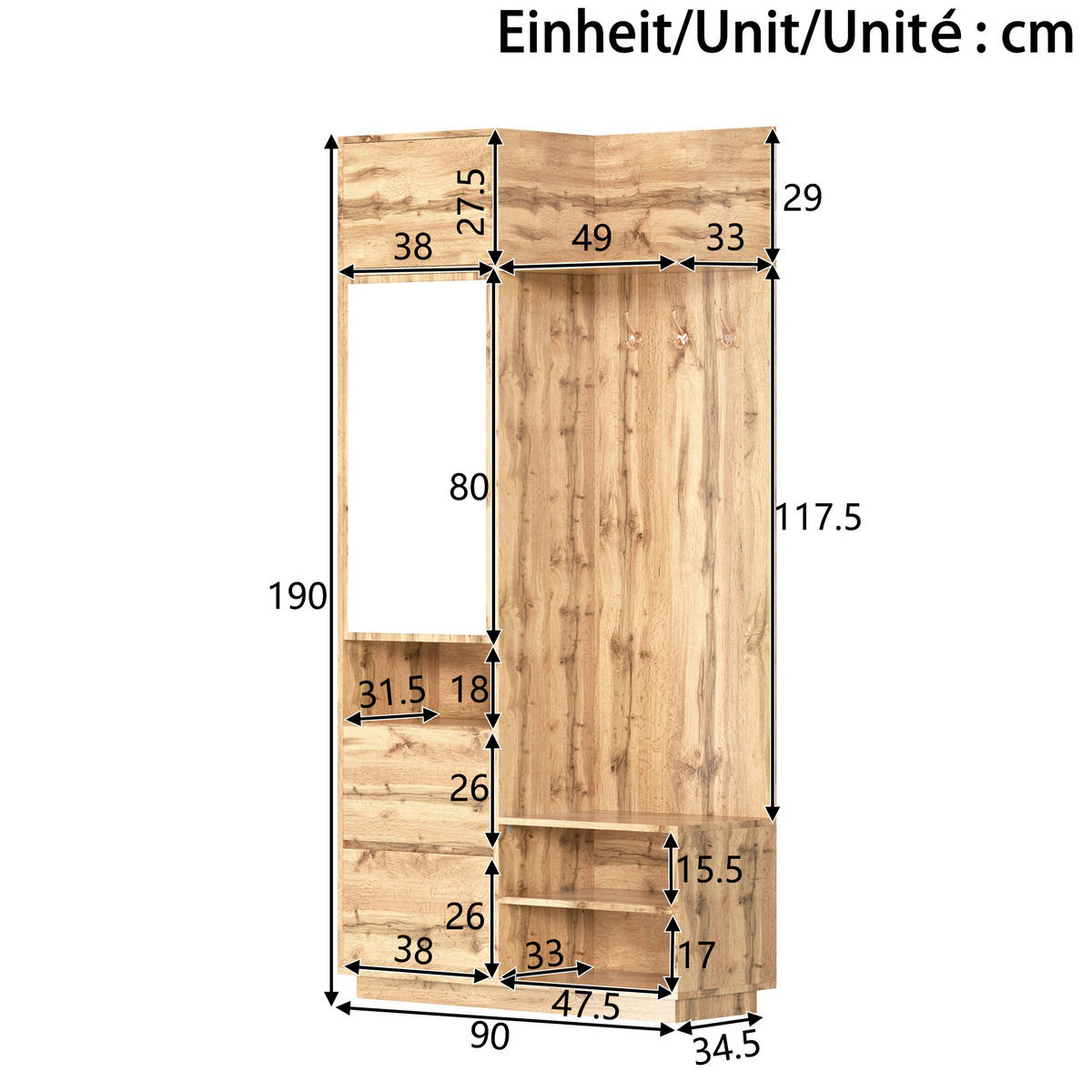 GARDEROBE Spiegel Sitzbank Schuhschrank - Naturfarben, Holz (90/190/34.5cm) - Fortuna Lai