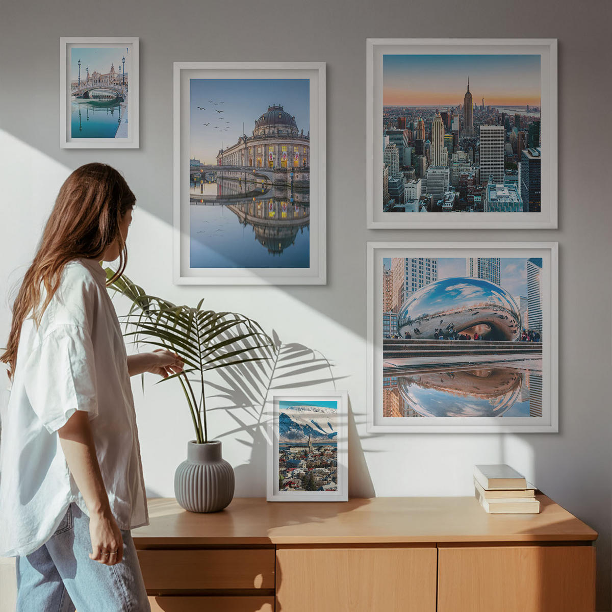 BILDER SET 5er Set - 50x50 cm & 20x30 cm & 40x60 cm Weißer Rahmen - Architektur von Städten am Wasser - Weiß, Kunststoff (40/60cm) - TULUP