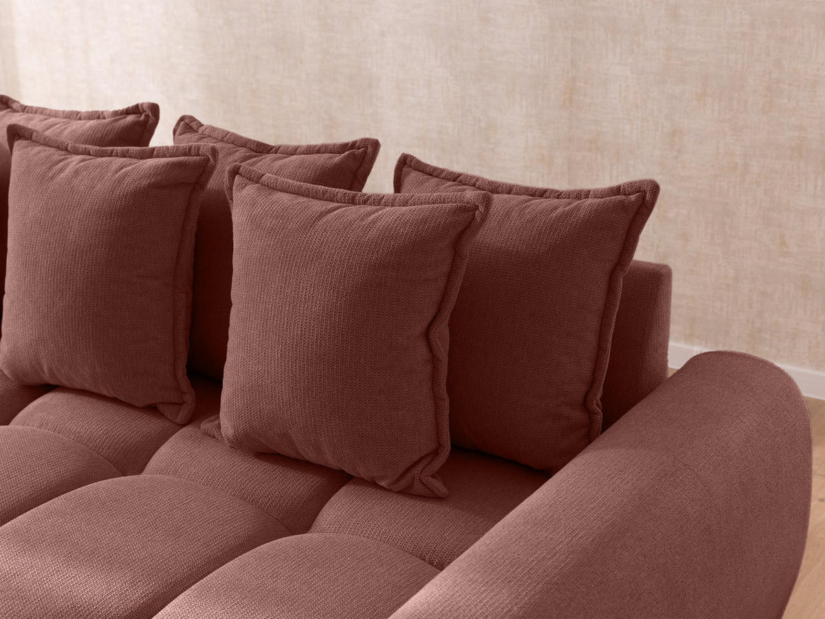 ECKSOFA inkl. Hocker Bubble mit Schlaffunktion und losen Rückenkissen, Sitzfläche Bubble-Optik aus weichem Terrakotta Strukturstoff - Ottomane Rechts - Terracotta/Schwarz, Holz/Kunststoff (306/180cm) - S-Style Möbel