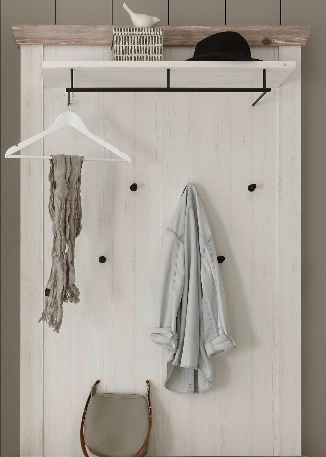 GARDEROBENPANEEL Pinie weiß, Oslo Pinie Landhaus, Wandgarderobe, 107 x 153 cm - Schwarz/Weiß, Holzwerkstoff/Metall (107/153/27cm) - Furn.Design