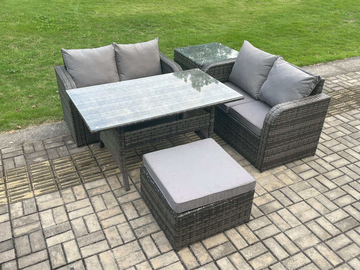 GARTENSET mit Zweisitzer,Hocker,Esstisch Polyrattan 5-Sitzer - Dunkelgrau/Grau, Glas/Kunststoff - Fimous