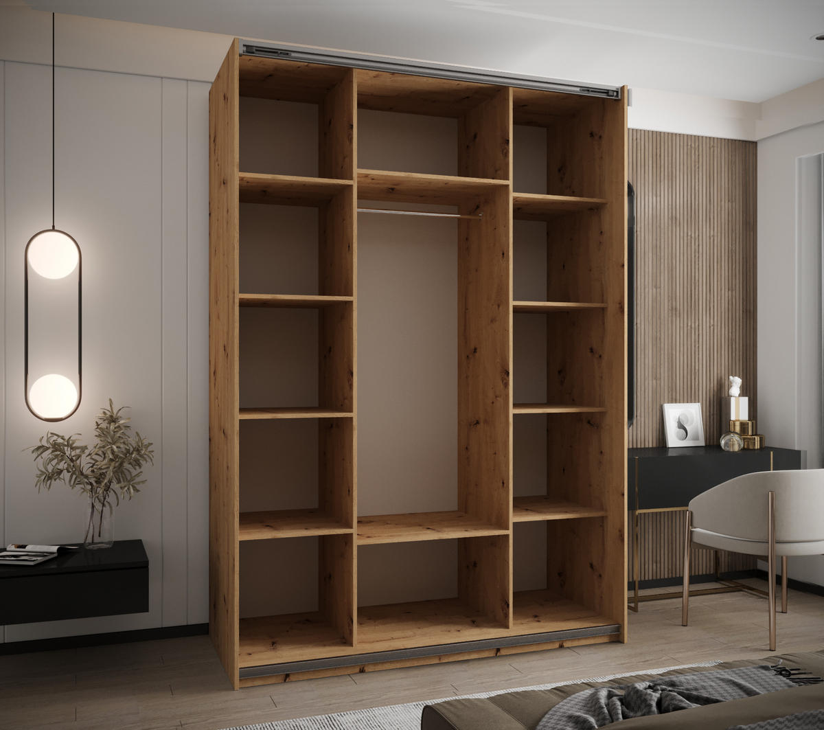 SCHWEBETÜRENSCHRANK 245,5/170/64 2-türig - Silberfarben/Eiche Artisan, Holz/Metall (170/245/64cm) - Abiks Möbel