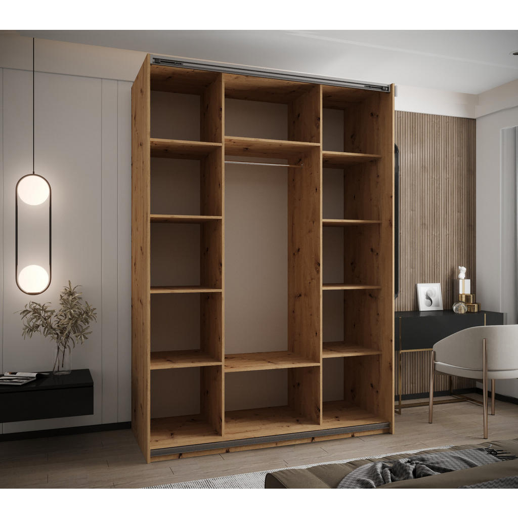 Thumbnail - Abiks Möbel Schwebetürenschrank, Eiche Artisan, Weiß, Silber, Metall, Nachbildung, 10 Fächer, 160x245x64 cm, Schlafzimme...