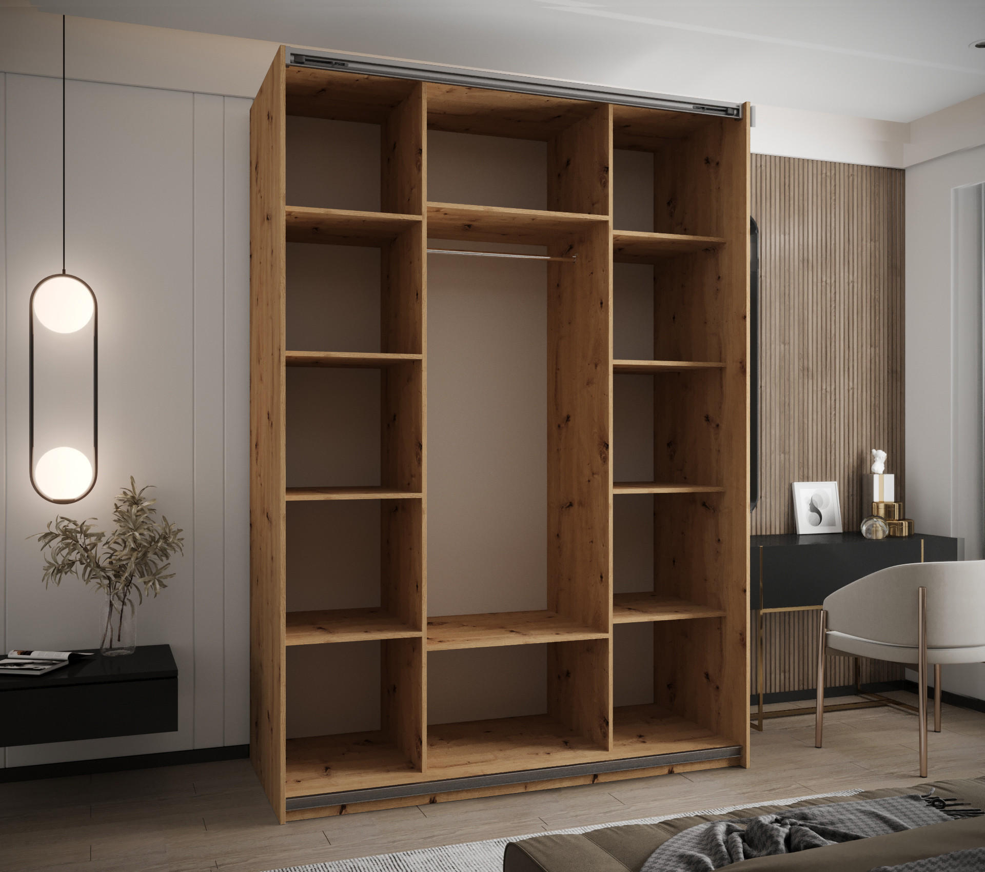 Thumbnail - Abiks Möbel Schwebetürenschrank, Eiche Artisan, Weiß, Silber, Metall, Nachbildung, 10 Fächer, 180x245x64 cm, Schlafzimme...