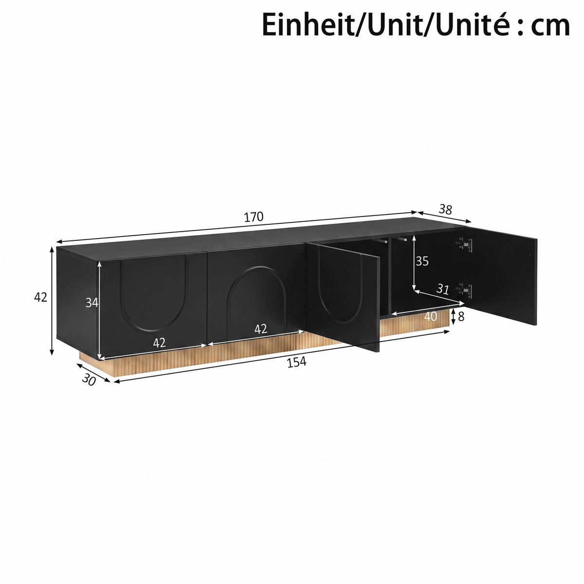 TV-LOWBOARD 170 x 38 x 42 cm, 4 Türen, 3D-Relieffront, Kabelmanagement, Schwarz - Schwarz, Holzwerkstoff (170/42/38cm)