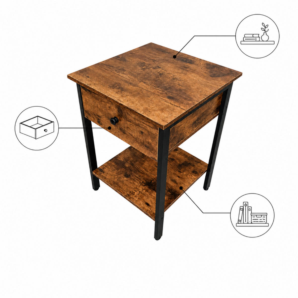 NACHTTISCH MDF Metall Rustikalbraun Schwarz mit Schublade 40x40x55 cm - Schwarz/Braun, Holzwerkstoff/Metall (40/55/40cm) - Begryf