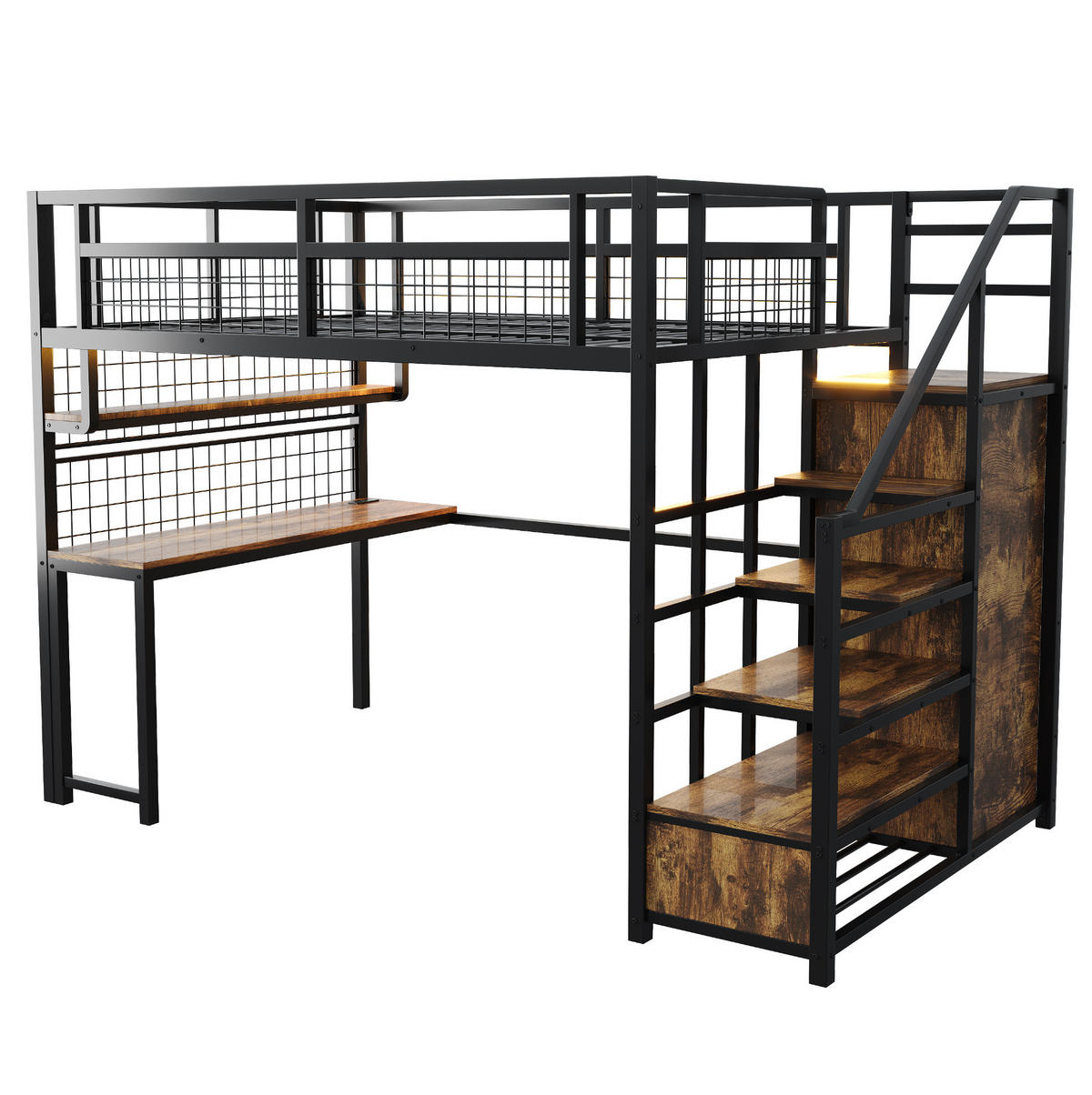 HOCHBETT 140/200 cm mit Stauraumtreppe, Kleiderschrank, Schreibtisch, Regal, Lichtleiste und Steckdose, Schwarz - Schwarz, Holzwerkstoff (140/200cm) - Redom