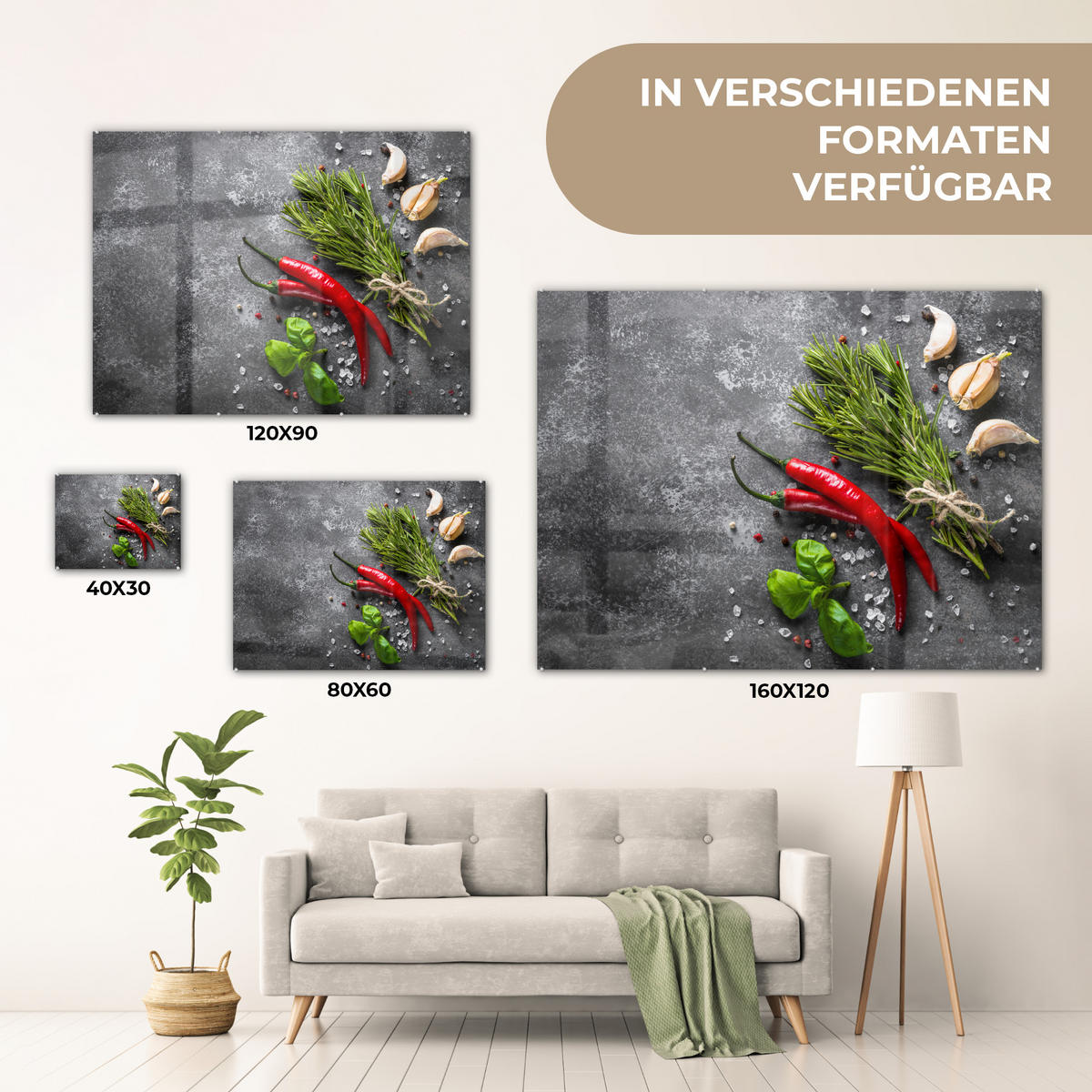 ACRYLGLASBILD Pfeffer - Kräuter - Gewürze - Beton 80x60 cm - Dunkelgrau, Glas (80/60cm) - MuchoWow