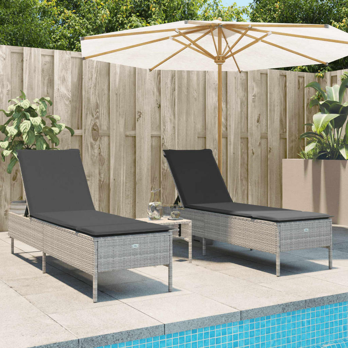 SONNENLIEGEN-SET 3-TLG. Mit Auflage Hellgrau Poly Rattan - Grau, Kunststoff (55/97/198cm) - vidaXL