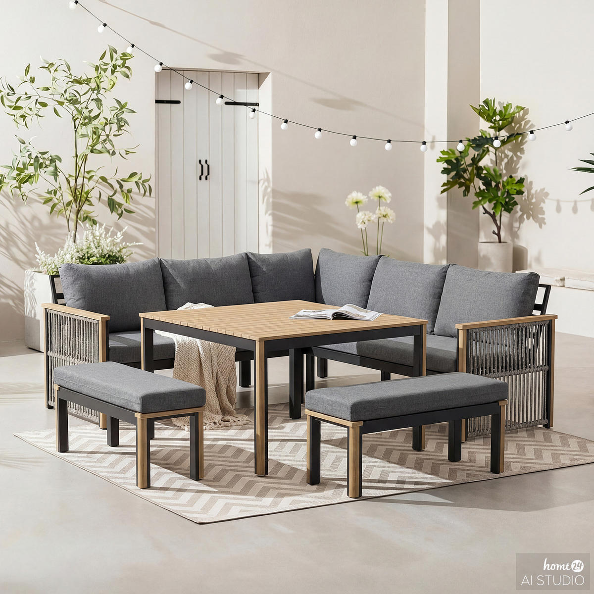 LOUNGEGRUPPE - Akazie massiv / Polyester - Braun / Anthrazit - Anthrazit, Holz/Textil - home24