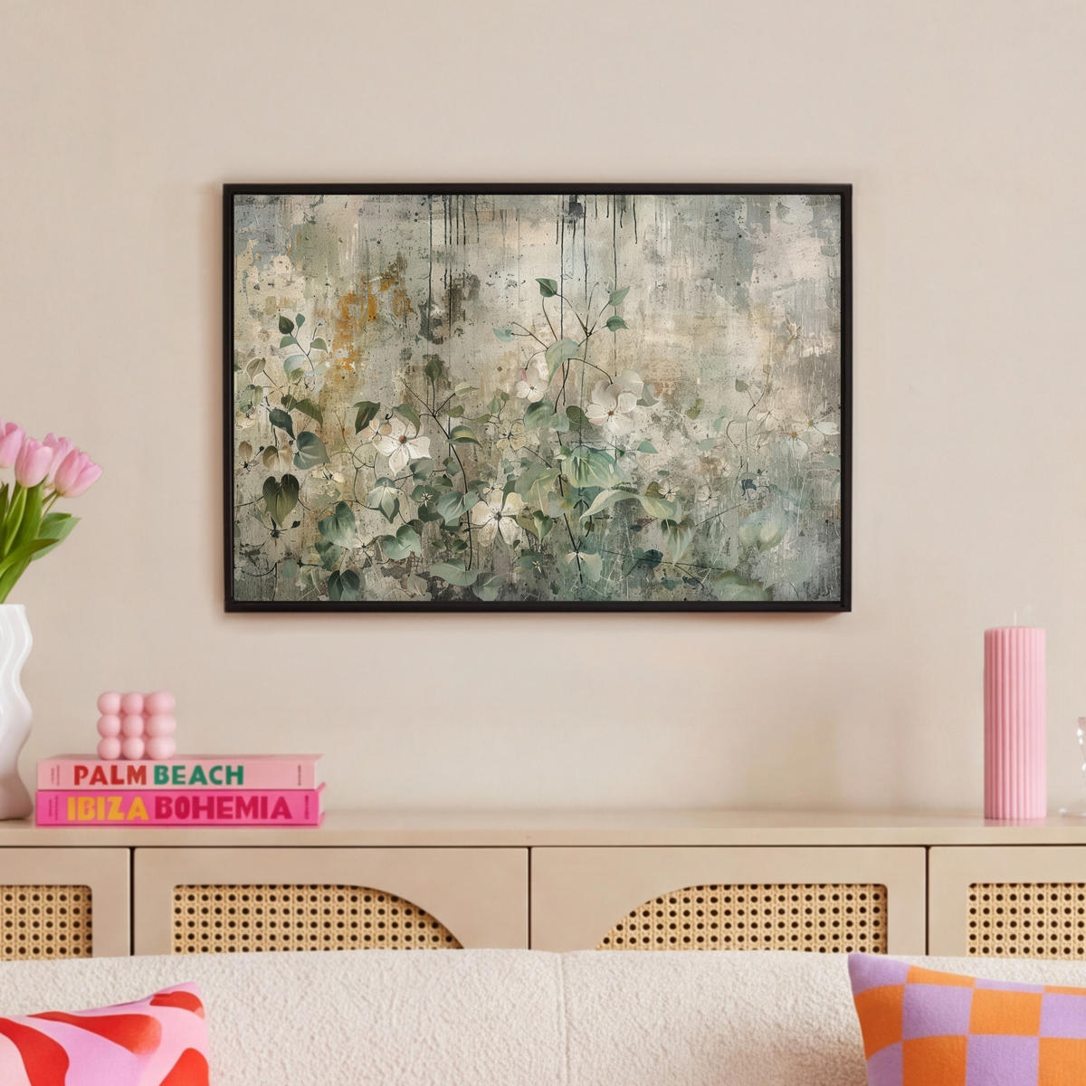 LEINWAND Bilder mit Rahmen - Blumen - Blätter - Abstrakt - Modern - 60x40 - Grau, Textil (60/40cm) - MuchoWow