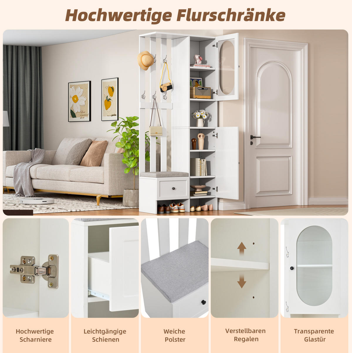GARDEROBE 85/200/33,5 cm Weiß aus Spanplatte mit gehärtetem Glas und Schuhbank - Weiß, Holzwerkstoff (33.5/200/85cm) - OKMYHOME