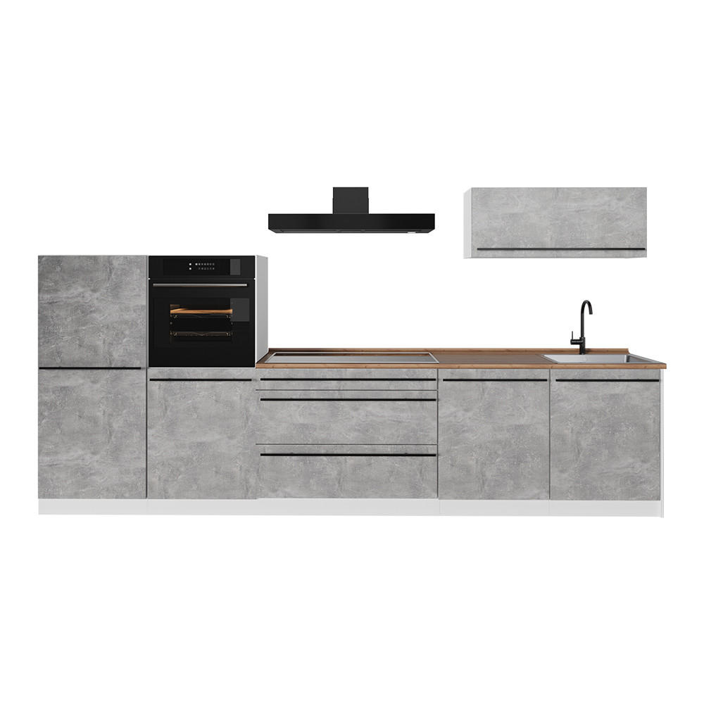 KUCHYŇSKÝ KOUT R-Line, Beton/Bílá, 340 cm pracovná doska Dub Goldkraft - šedá/bílá, kompozitní dřevo (340/143/60cm) - Vicco