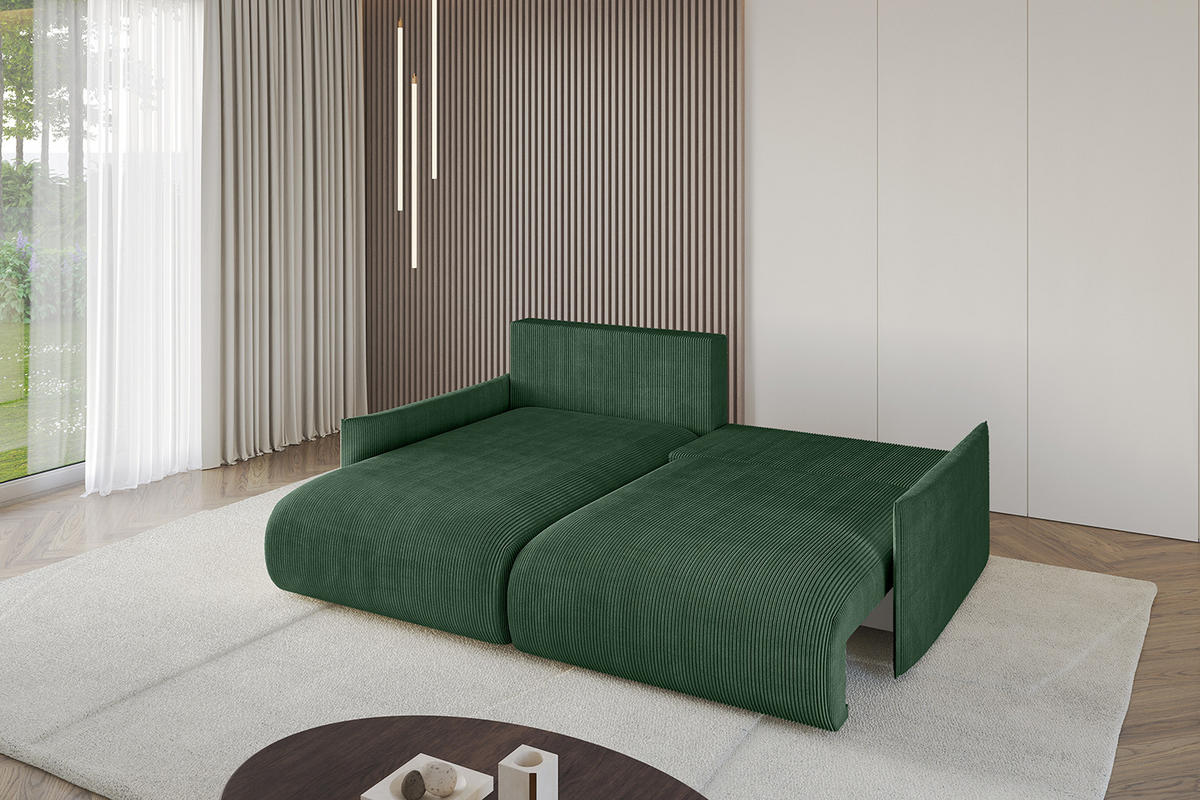 ECKSOFA mit Schlaffunktion und Bettkasten ONESK-L -v1 208x165x40 Grün Cord - Grün, Holzwerkstoff/Kunststoff (208/165cm) - ALTDECOR