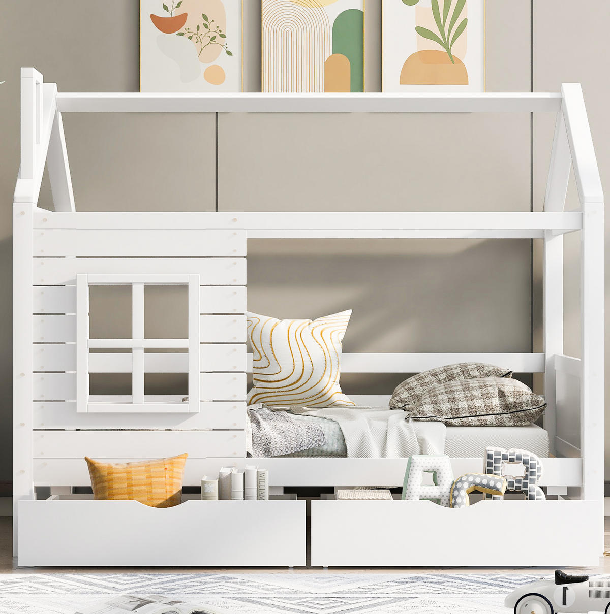 KINDERBETT 90/200 cm weiß aus Kiefer mit Fenster und Schubladen - Weiß, Holzwerkstoff (90/200cm) - OKWISH