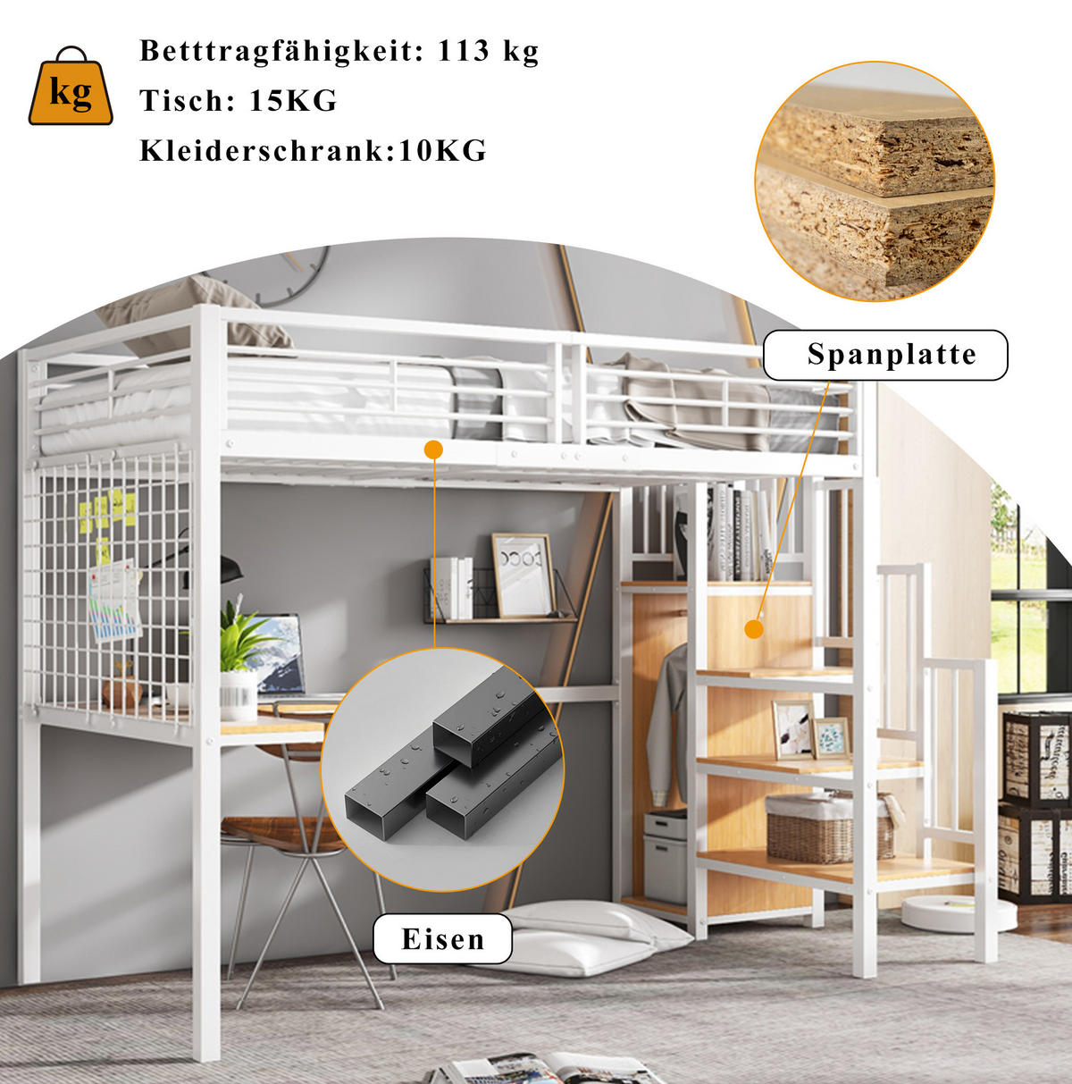 HOCHBETT 90/200 cm mit Kleiderschrank, Tisch und seitlicher Treppe aus Metall und MDF, Weiß/Natur - Weiß, Holzwerkstoff (90/200cm) - Redom