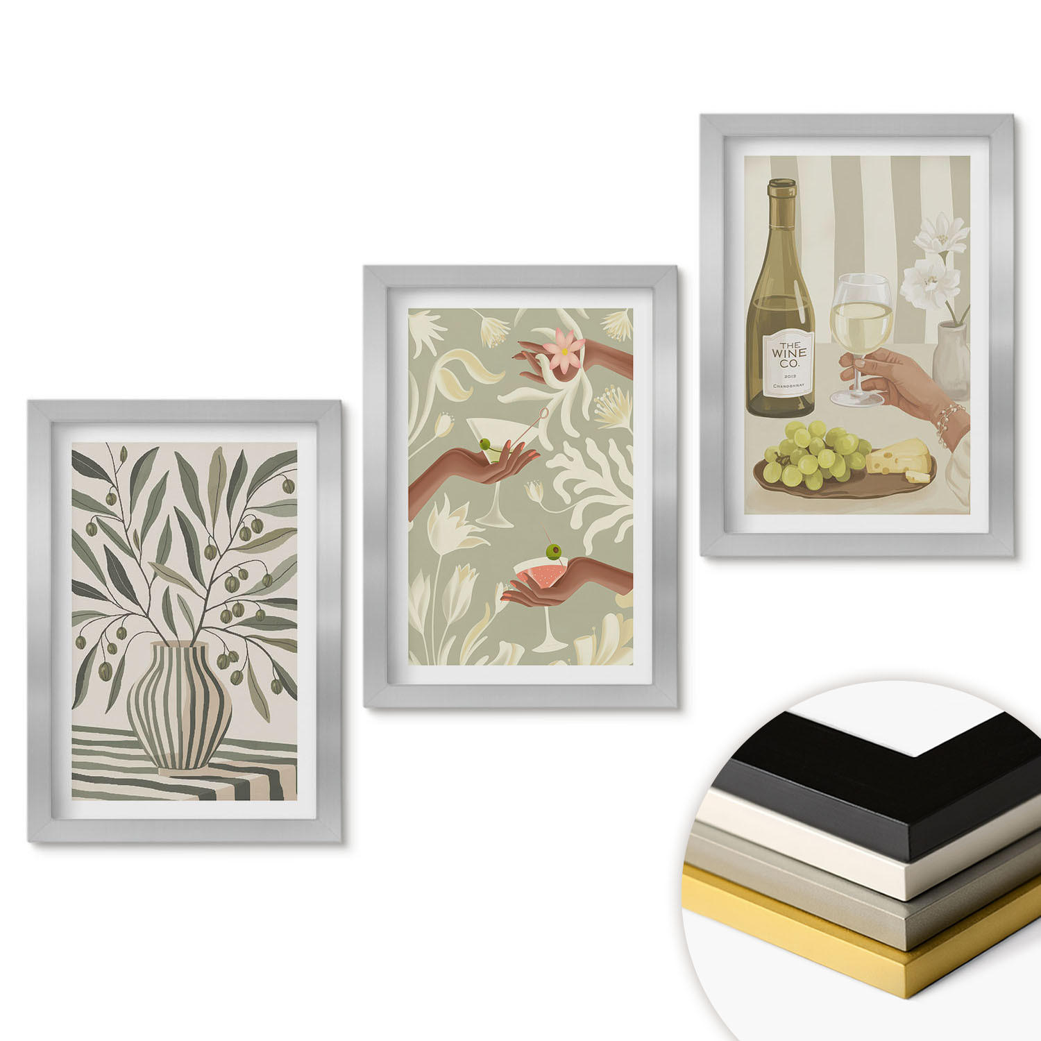 WANDBILDER 3er Set - 20x30 cm Silberner Rahmen - Rustikale Cocktails mit Olivenblüten - Silberfarben, Kunststoff (20/30cm) - ArtPrintCave