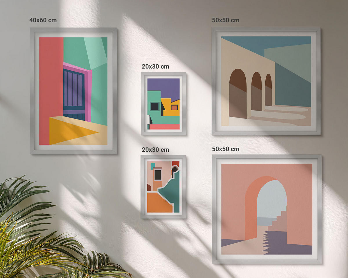 WANDBILDER 5er Set - 50x50 cm & 20x30 cm & 40x60 cm Silberner Rahmen - Farbenfrohe Illustrationen der Stadt - Silberfarben, Kunststoff (40/60cm) - ArtPrintCave