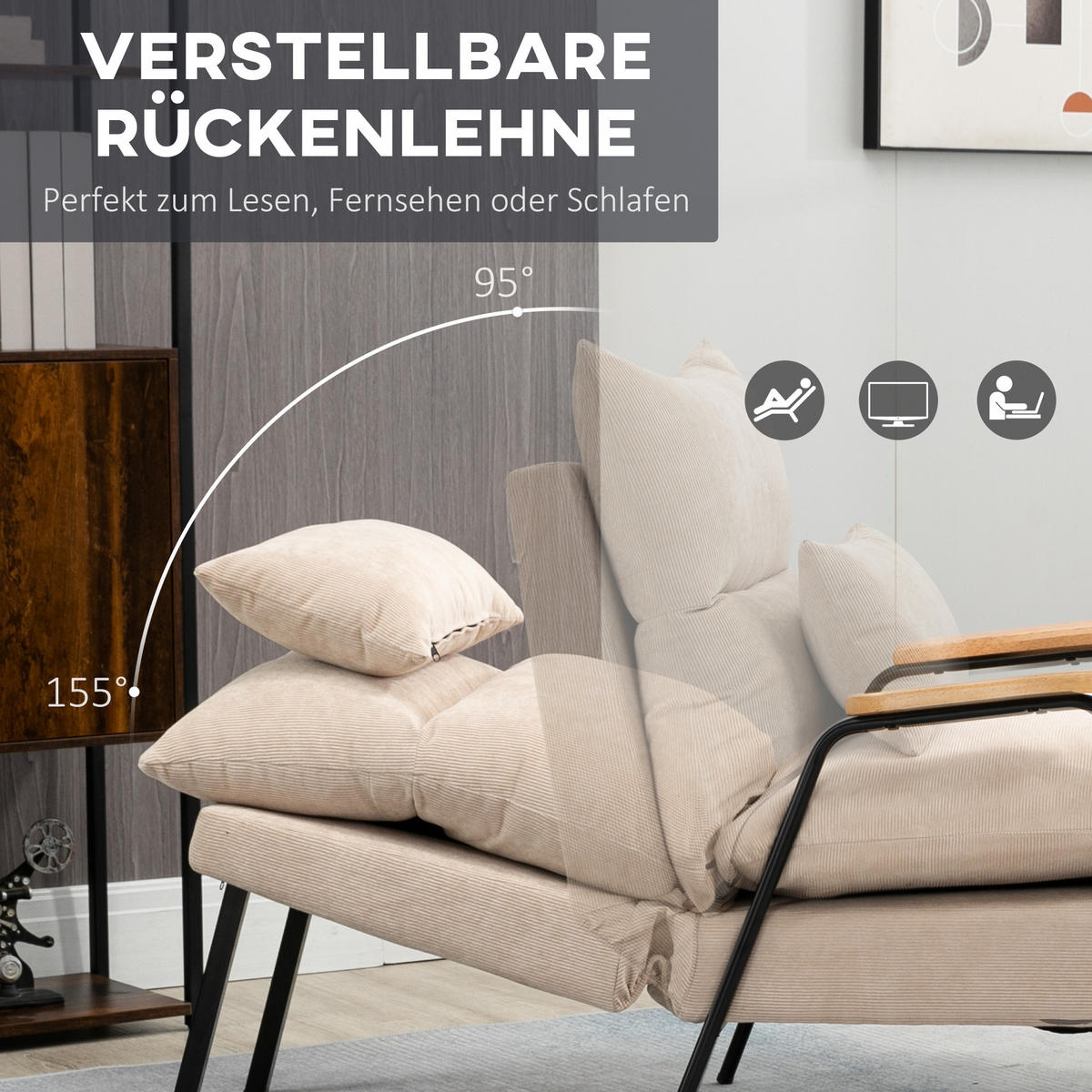 RELAXSESSEL mit Hocker Sessel mit Verstellbar Rückenlehne, Kissen für Wohnzimmer - Beige, Kunststoff (68/88/91.5cm) - HOMCOM