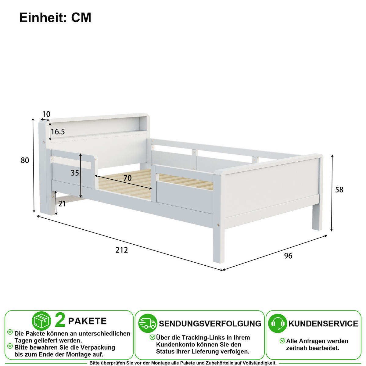 KINDERBETT 90/200 cm in Weiß mit LED, USB, Type-C und Ablage - Weiß, Holz/Holzwerkstoff (90/200cm) - CHICFURN