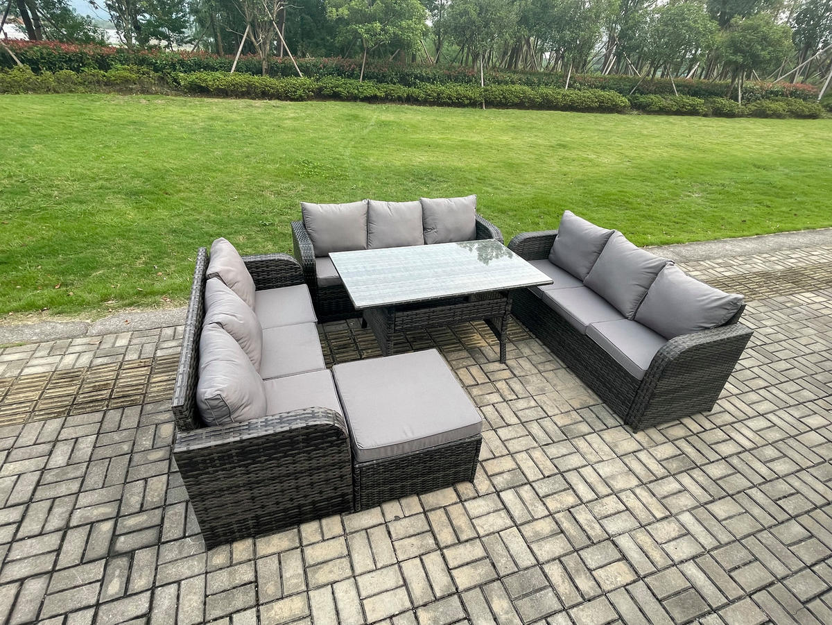 GARTENTISCHGRUPPE mit Beistelltisch,2 Hocker Polyrattan Dunkelgrau 10-Sitzer - Dunkelgrau/Grau, Glas/Kunststoff - Fimous