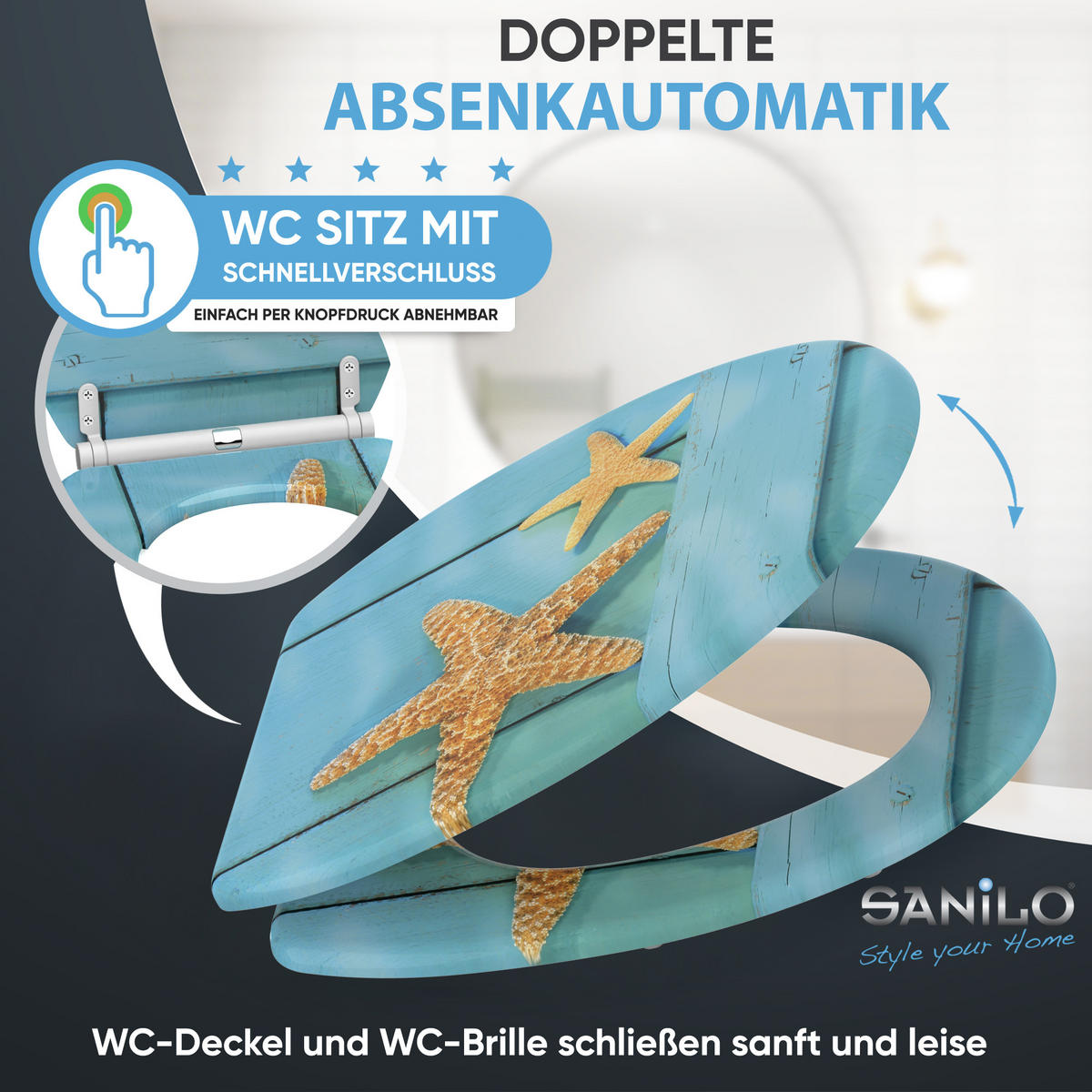 WC-SITZ mit Absenkautomatik & Top Fix Starfish - Türkis, Holzwerkstoff (37.7/5.5/48cm) - Sanilo
