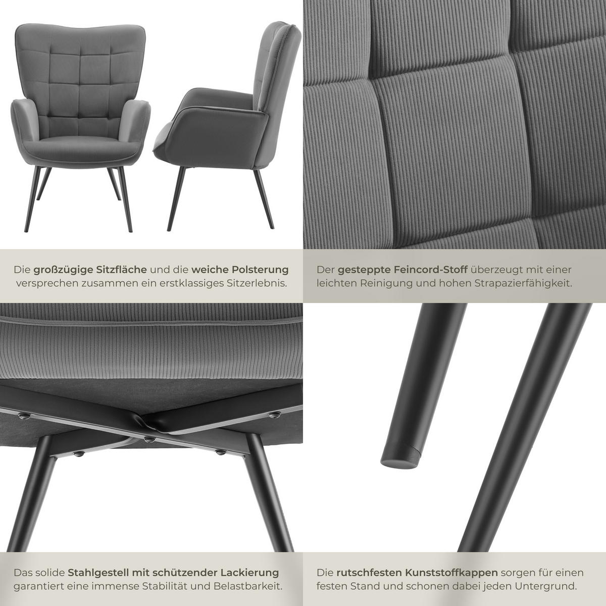 SESSEL Hygge,72 x 76 x 100,5 cm,Feincord anthrazit/schwarz - Anthrazit/Schwarz, Kunststoff (72/100.5/76cm) - tectake