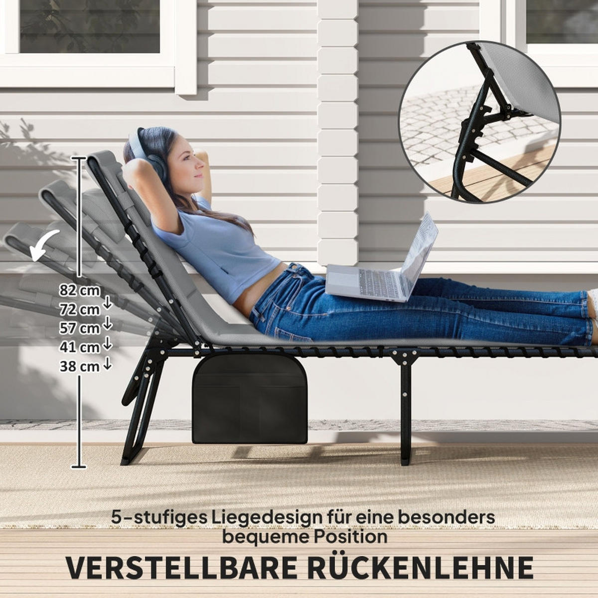 LIEGESTUHL 2er Set klappbar Kopfkissen Seitentasche - Grau, Metall (68/189cm) - Kaket