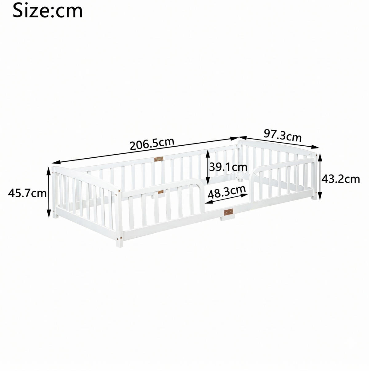 BODENBETT 90x200 cm in Weiß mit Schutzgeländer und mittigem Einstieg - Weiß, Holz (90/200cm) - IVMEU