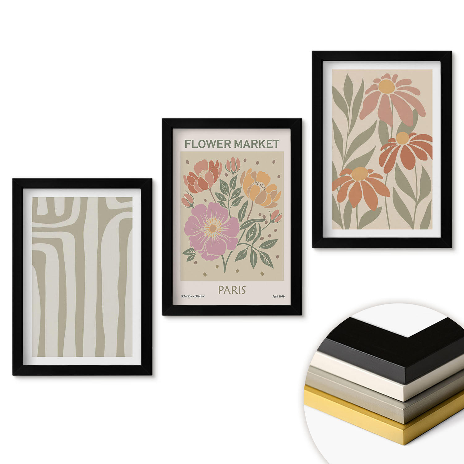 WANDBILDER 3er-Set - 20x30 cm Schwarzer Rahmen - Botanische Motive, Pariser Minimalismus - Schwarz, Kunststoff (20/30cm) - ArtPrintCave