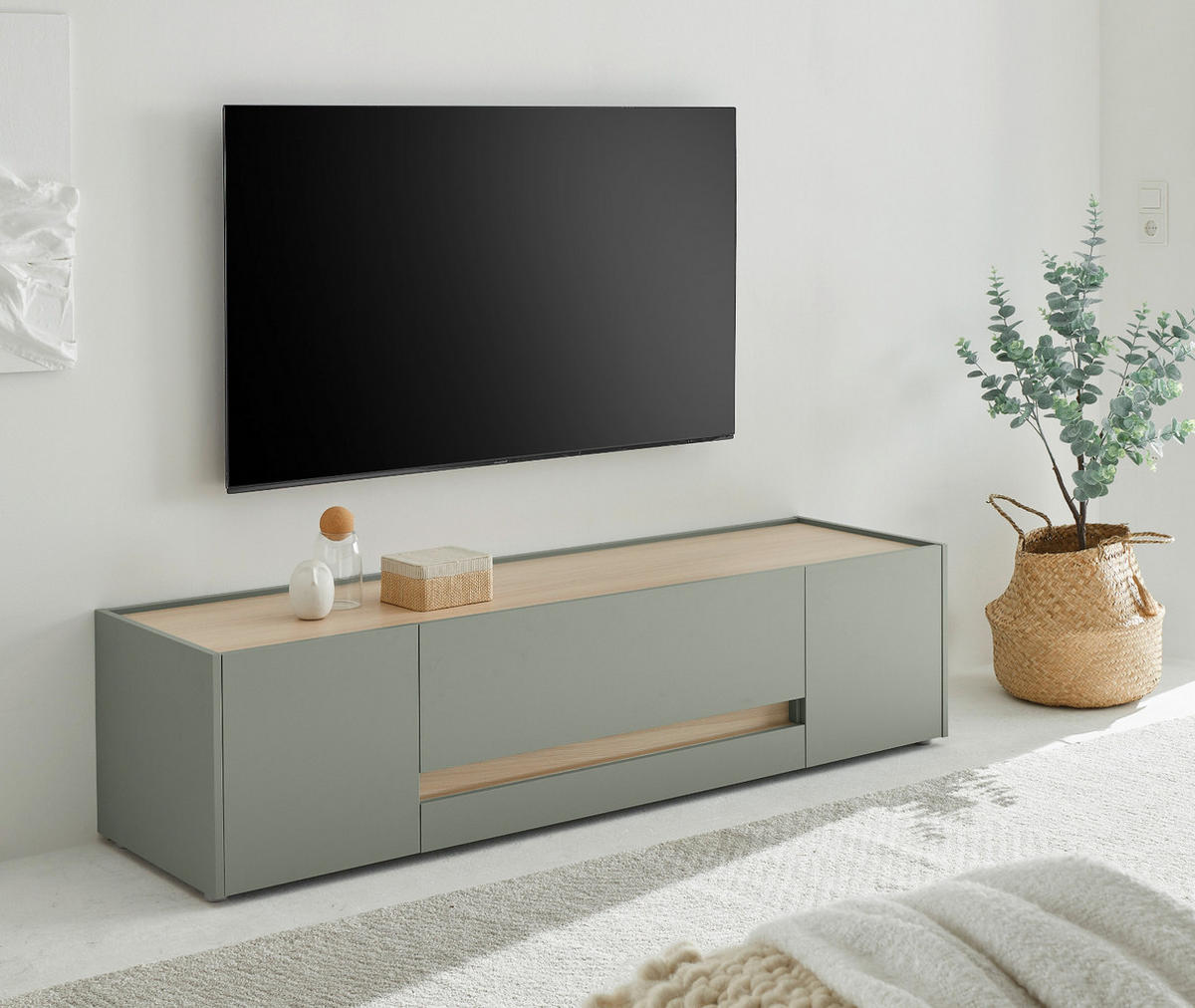 TV-LOWBOARD in Salbei grün, Barista Eiche 170 cm, TV Unterteil mit Doppel-Schubkasten - Salbeigrün/Eichefarben, Holzwerkstoff/Kunststoff (170/40/45cm) - Furn.Design