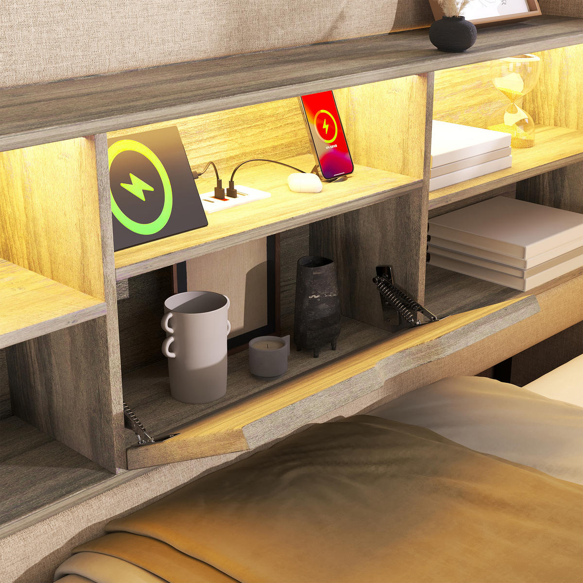 POLSTERBETT 140/190 mit Bettkasten, LED und USB in Beige - Beige, Holzwerkstoff/Textil (140/190cm) - EVRYAE