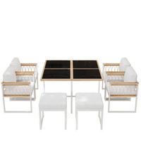 GARTENESSGRUPPE Weiß/Natur 7-teilig für 6 Personen mit Glasplatte & WPC-Armlehnen - Naturfarben, Metall - PANGIVO