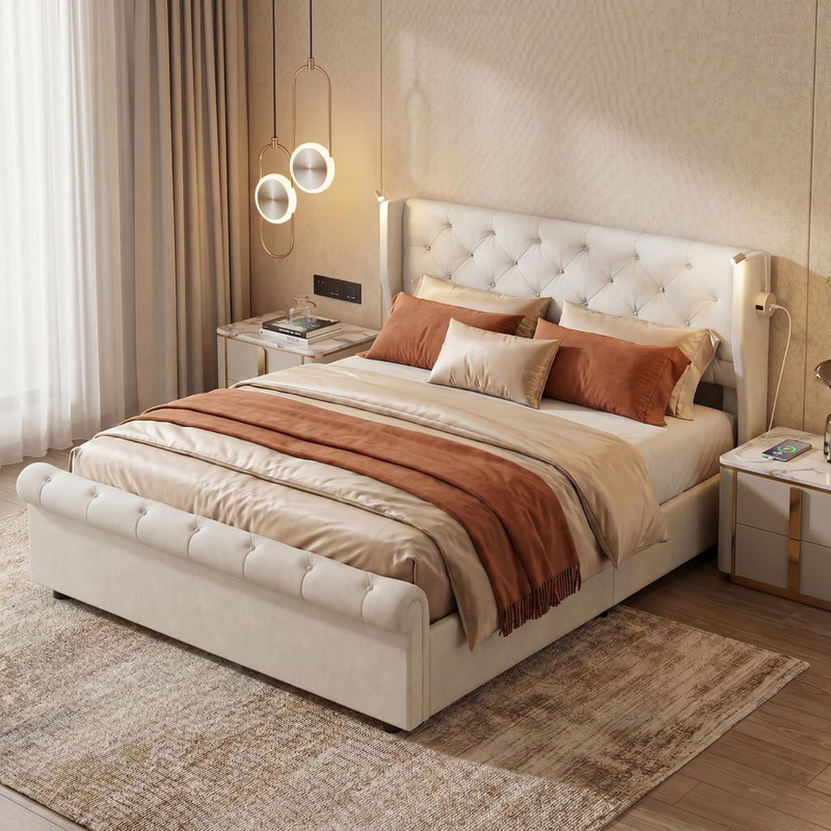 POLSTERBETT 140/190 cm beige mit Stauraum und LED - Beige, Holz