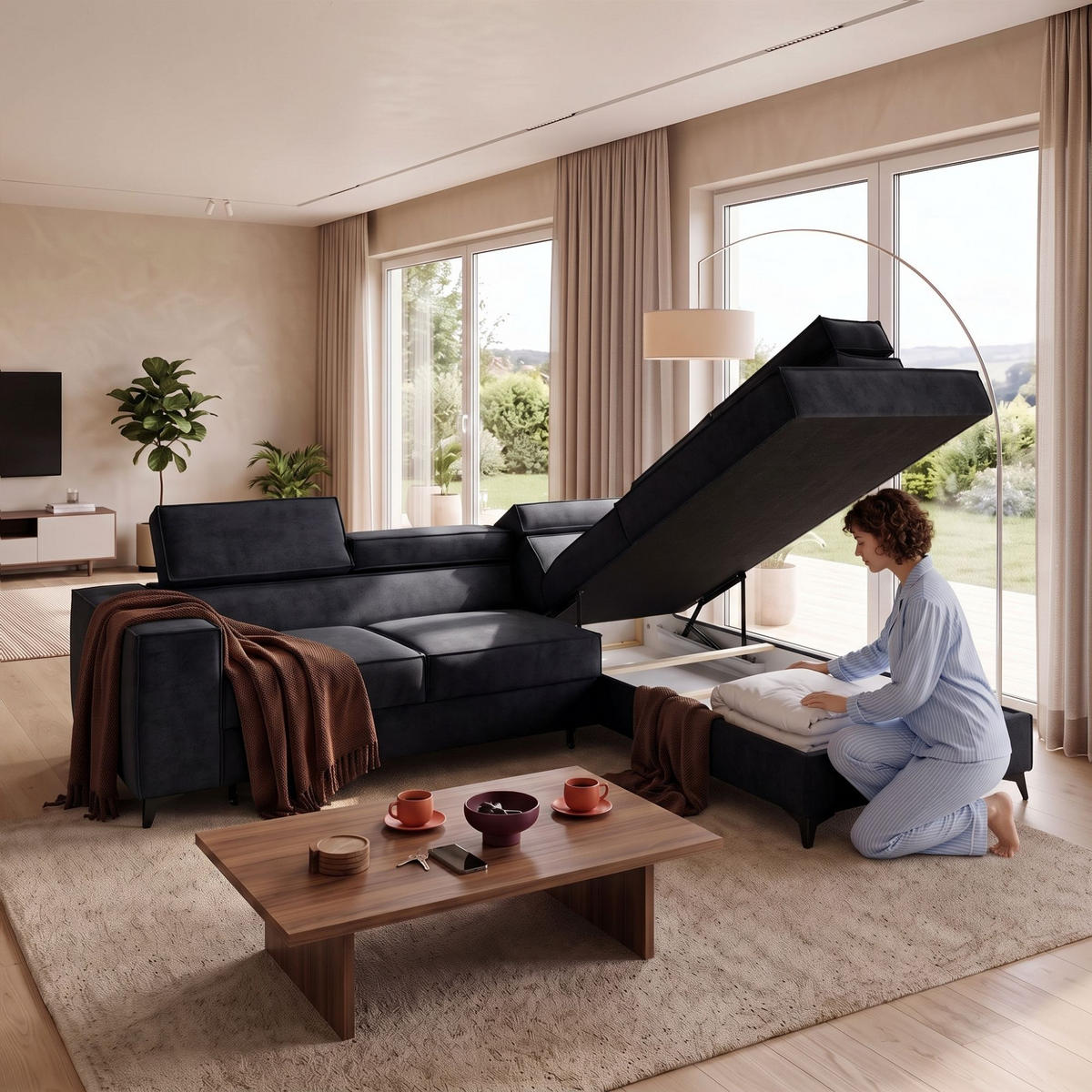 ECKSOFA PURE L Rechts mit Schlaffunktion 127x199 Velours Graphit - Graphitfarben/Schwarz, Holz/Textil (204/281cm) - Muffo