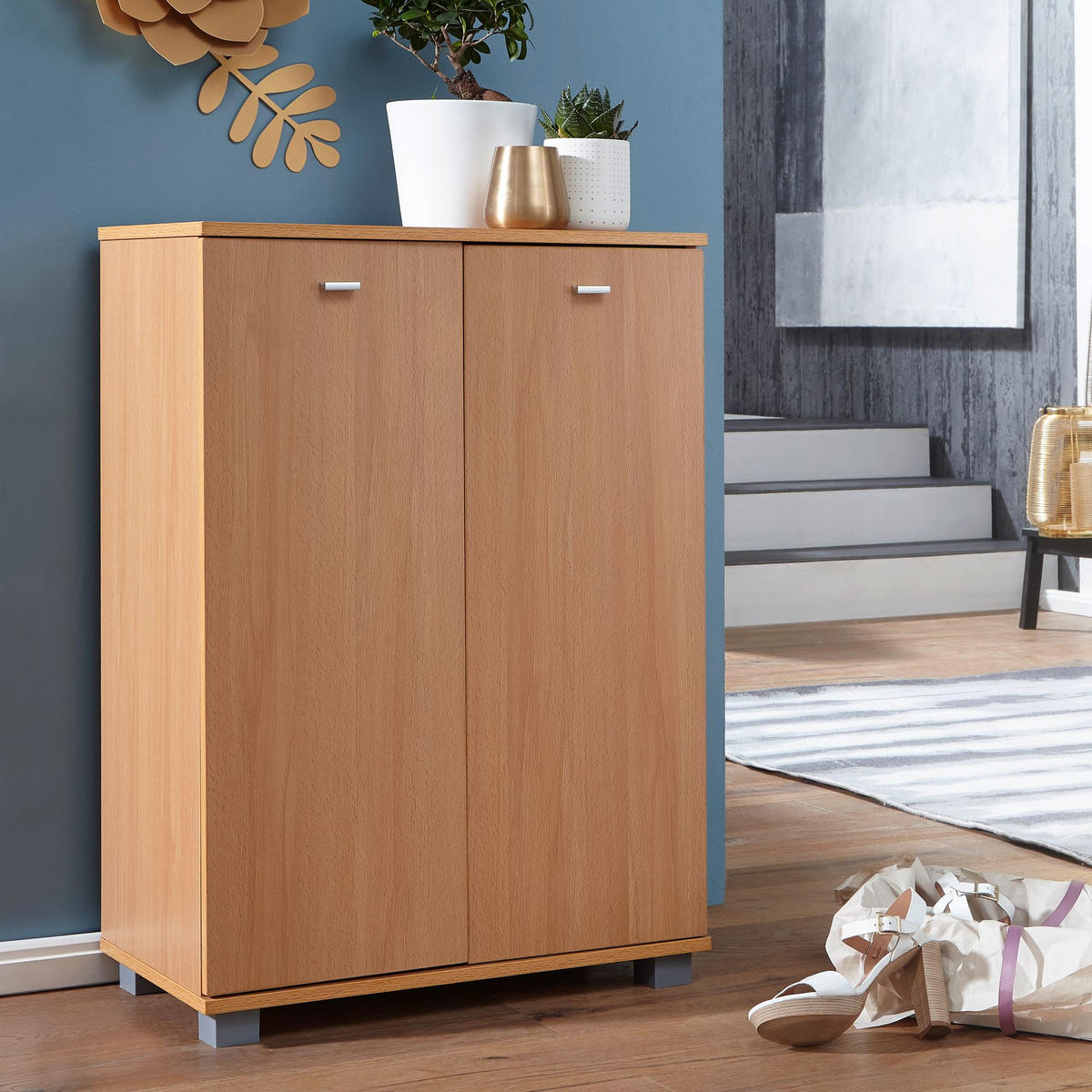 SCHUHSCHRANK Holz mit 2 Türen und 3 Einlegeböden, Braun 60x35x90 cm - Braun/Grau, Holz/Kunststoff (60/90/35cm) - KADIMA DESIGN