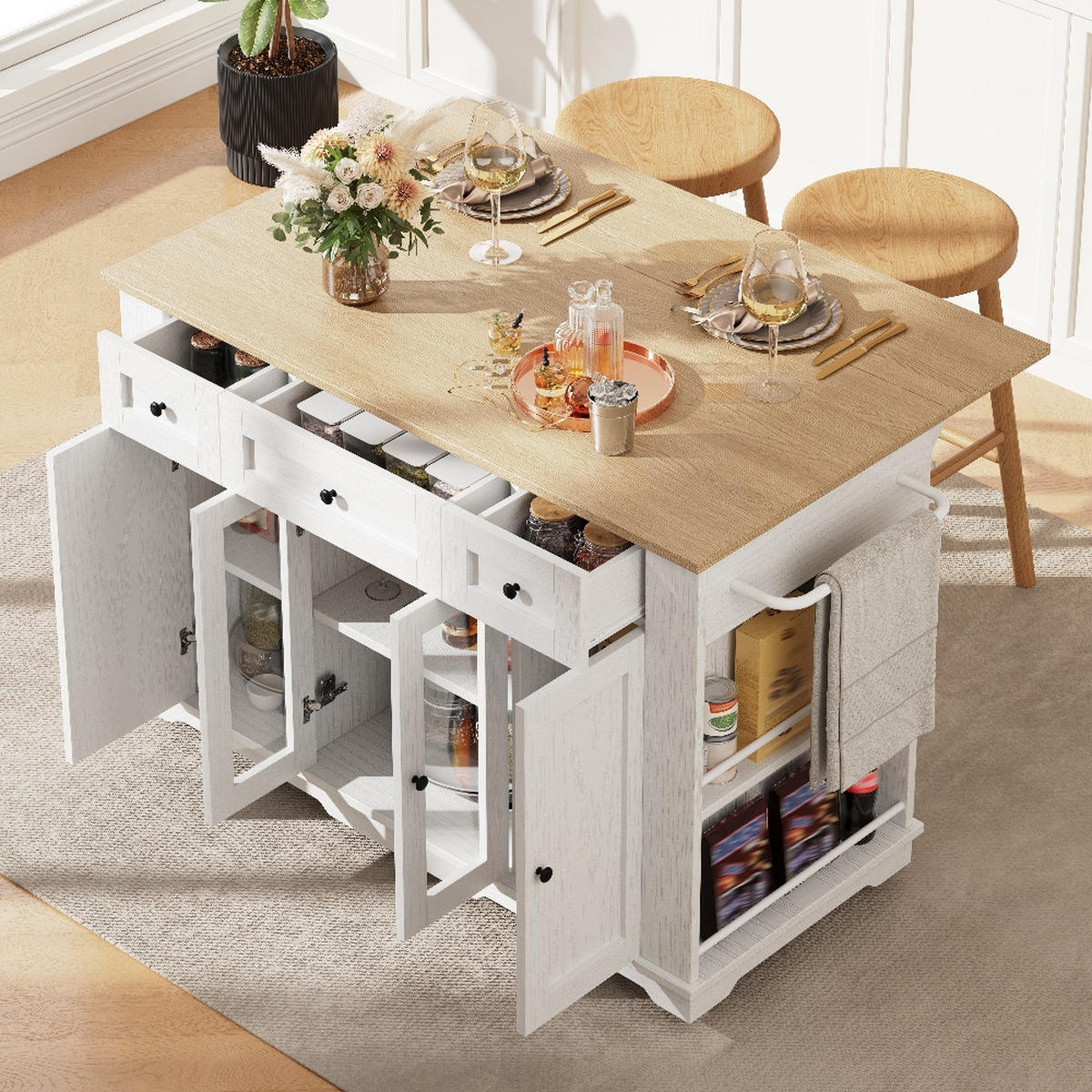 KÜCHENINSEL Klappbare Arbeitsplatte, Weiß, Holzmaserung, Verstellbare Trennwände, 151,5/85/91,7 cm - Weiß, Kunststoff (60/91.7/151.5cm) - Rolipo