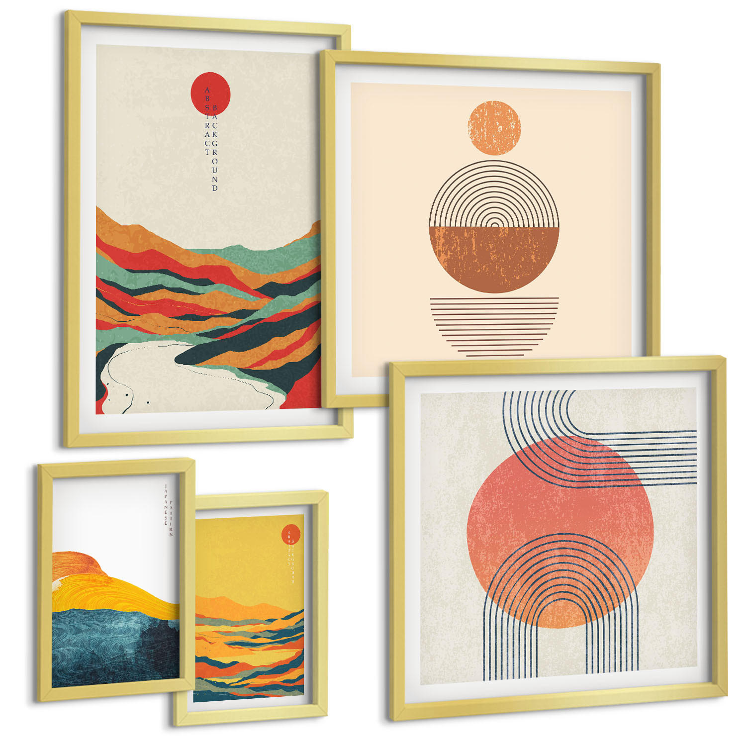 BILDER SET 5er Set - 50x50 cm & 20x30 cm & 40x60 cm Goldrahmen - Abstrakte Berglandschaften - Goldfarben, Kunststoff (40/60cm) - TULUP
