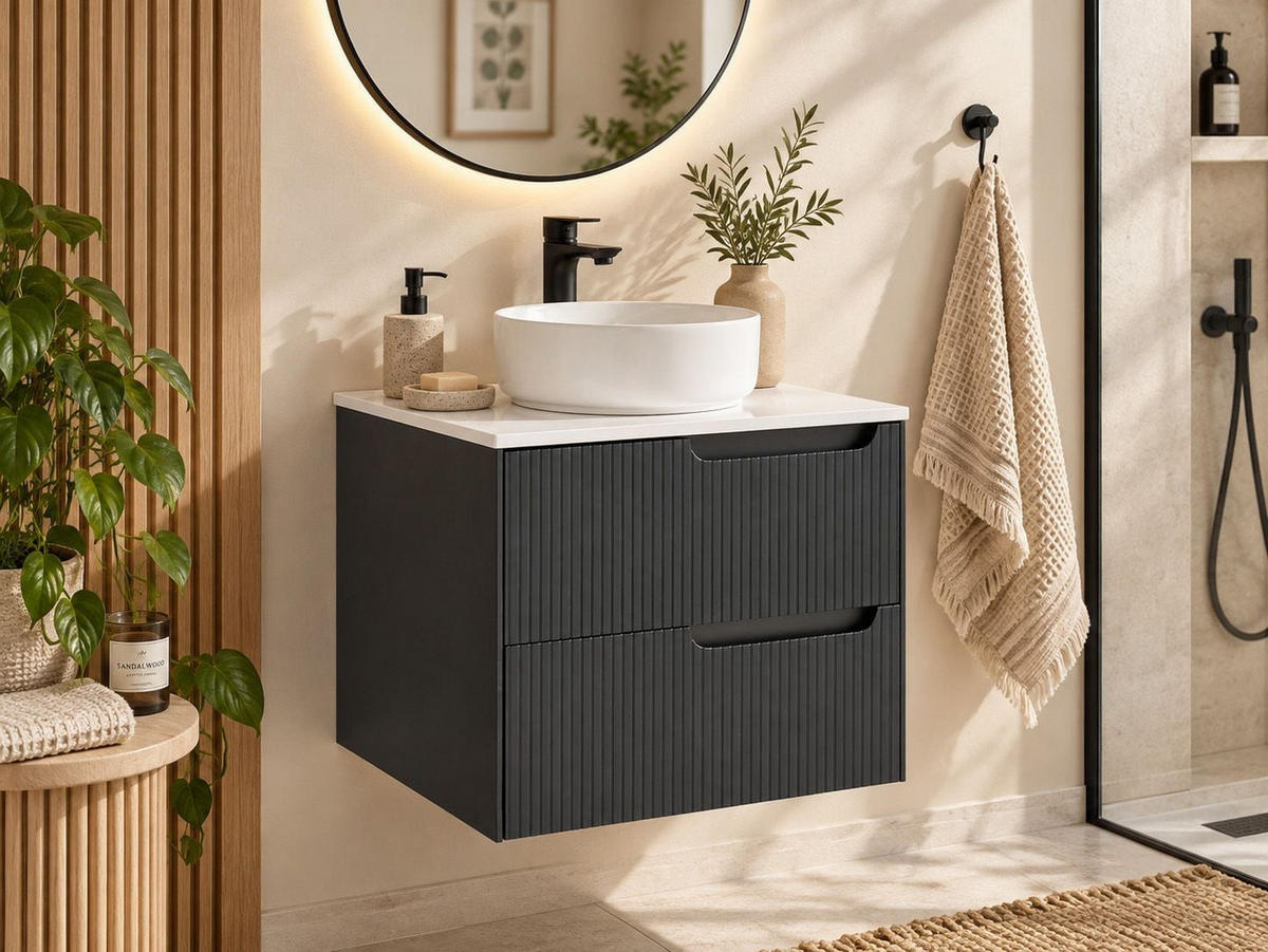 WASCHBECKENUNTERSCHRANK wandmontiertk 60 cm Schwarz Quintela - Schwarz, Holzwerkstoff (60/48/52cm) - Beliani
