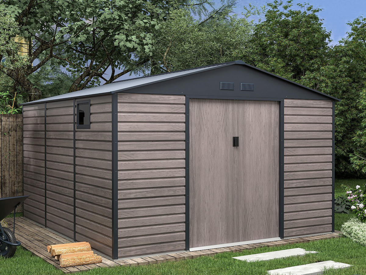 SCHREBERGARTENHAUS - 330 cm x 372 cm - metall - anthrazitgrau, naturfarben dunkel Adelmo - Grau, Metall (330/229/372cm) - Vente-Unique