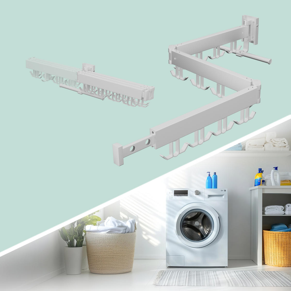 STOJAN na bielizeň na stene - biela, kov/plast (127/12/26cm) - Relaxdays