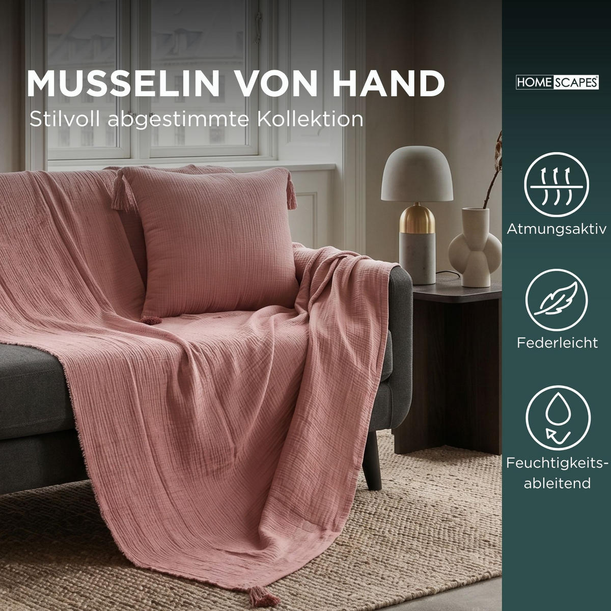 DEKOKISSEN Musselin rosa mit Quasten, 45/45 cm - Rosa, Textil (45/45cm) - Homescapes
