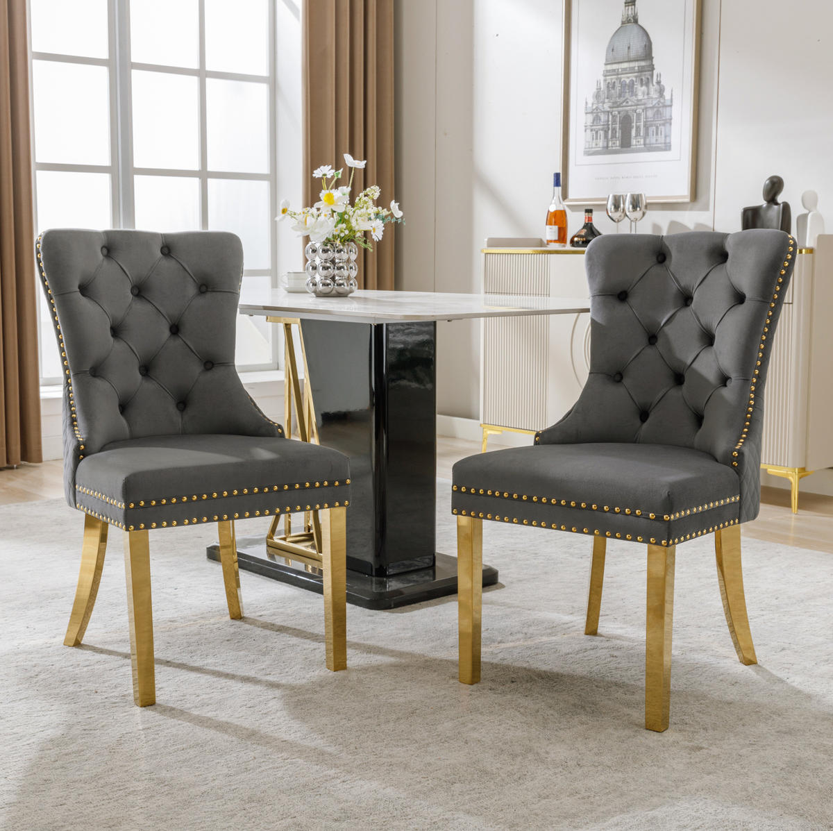 ESSZIMMERSTUHL 2er-Set Samt mit Zugring 50,5 x 45 x 95 cm Grau/Gold - Grau, Metall (45/95/50.5cm) - Meubliv