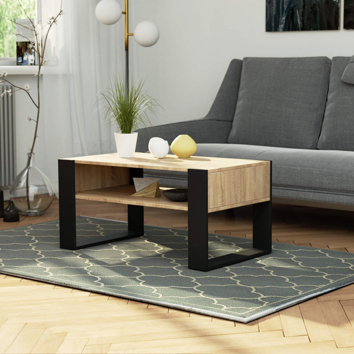 COUCHTISCH DOMI, Sonoma-Schwarz, 53x92x45 cm - Schwarz/Sonoma Eiche, Holz (50/92/45cm) - Milordbikes