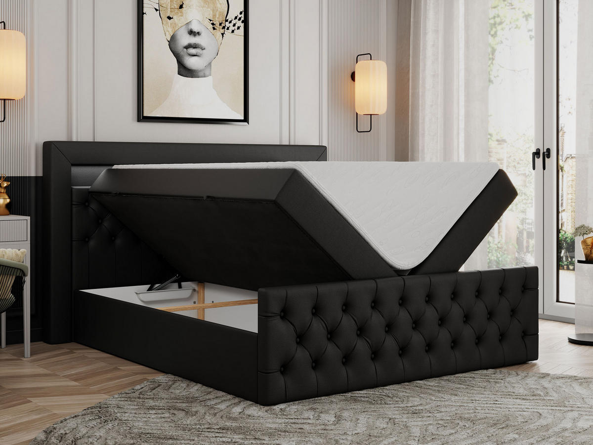 BOXBETT GOLD-9 LED 200/200 Schwarz Kunstleder - H3 - Schwarz, Holz/Textil (200/200cm) - MKS