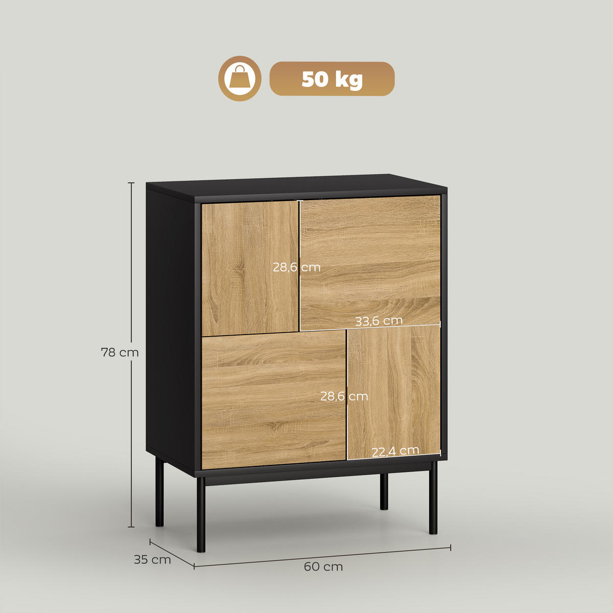 SIDEBOARD Schwarz und Natur, 4 Türen, 60/35/78 cm - Schwarz, Holz (60/78/35cm) - PANGIVO