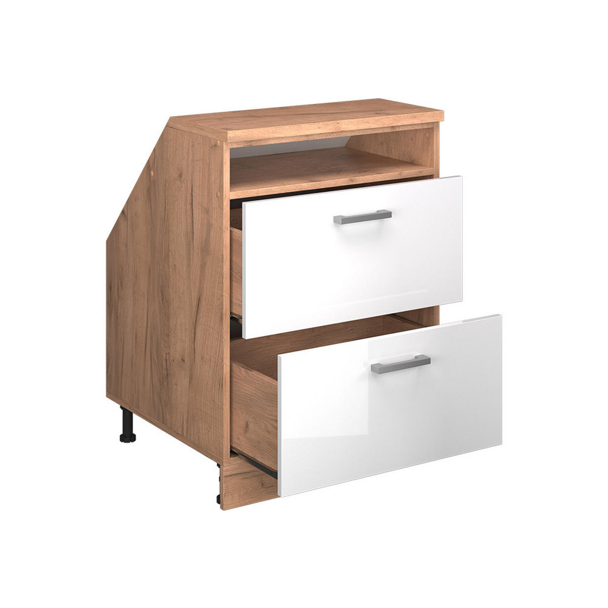 KUCHYNSKÁ SKRIŇA PRE ŠIKMÉ STRECHY R-Line Biely vysoký lesk 60 cm s 2 zásuvkami, korpus skrine hĺbka 60 cm - biela s vysokým leskom/dub medový, kompozitné drevo (60/83.8/60cm) - Vicco