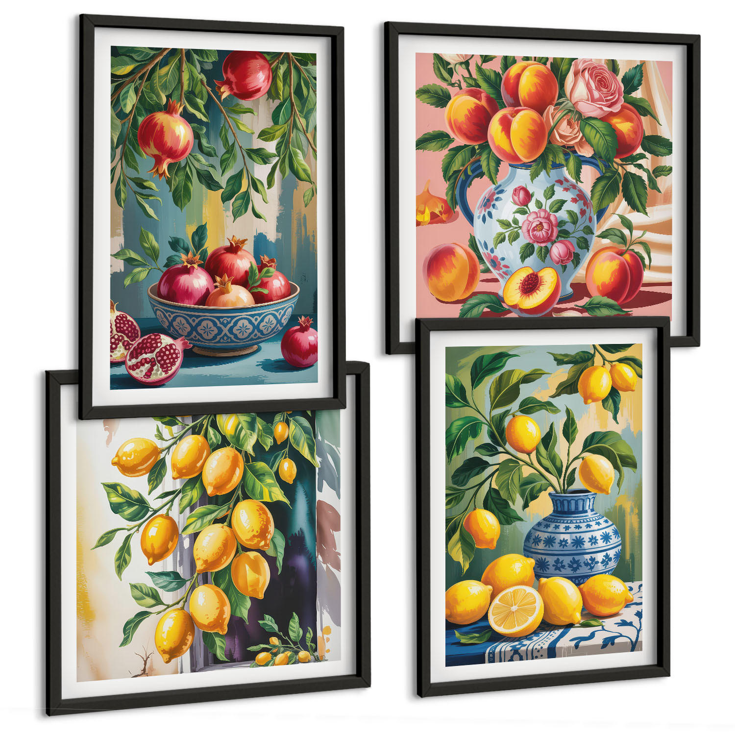 BILDER SET 4er Set - 50x50 cm & 40x60 cm Schwarzer Rahmen - Fruchtzusammensetzungen - Schwarz, Kunststoff (50/50cm) - TULUP